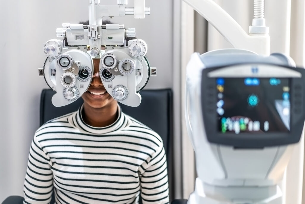 Patient getting her eye check up and vision test done at Msimbazi Eyes and Vision Care, dar es salaams top eye clinic.